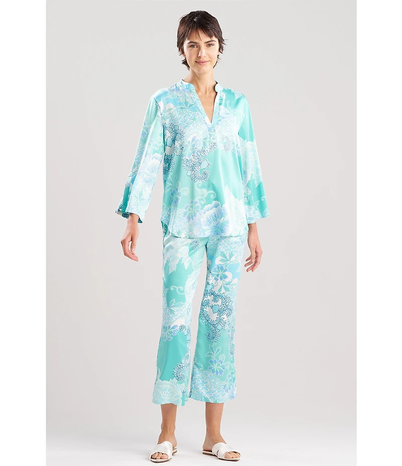 N by Natori Flourish Floral Satin Long Sleeve Mandarin Collar Long Pajama Set