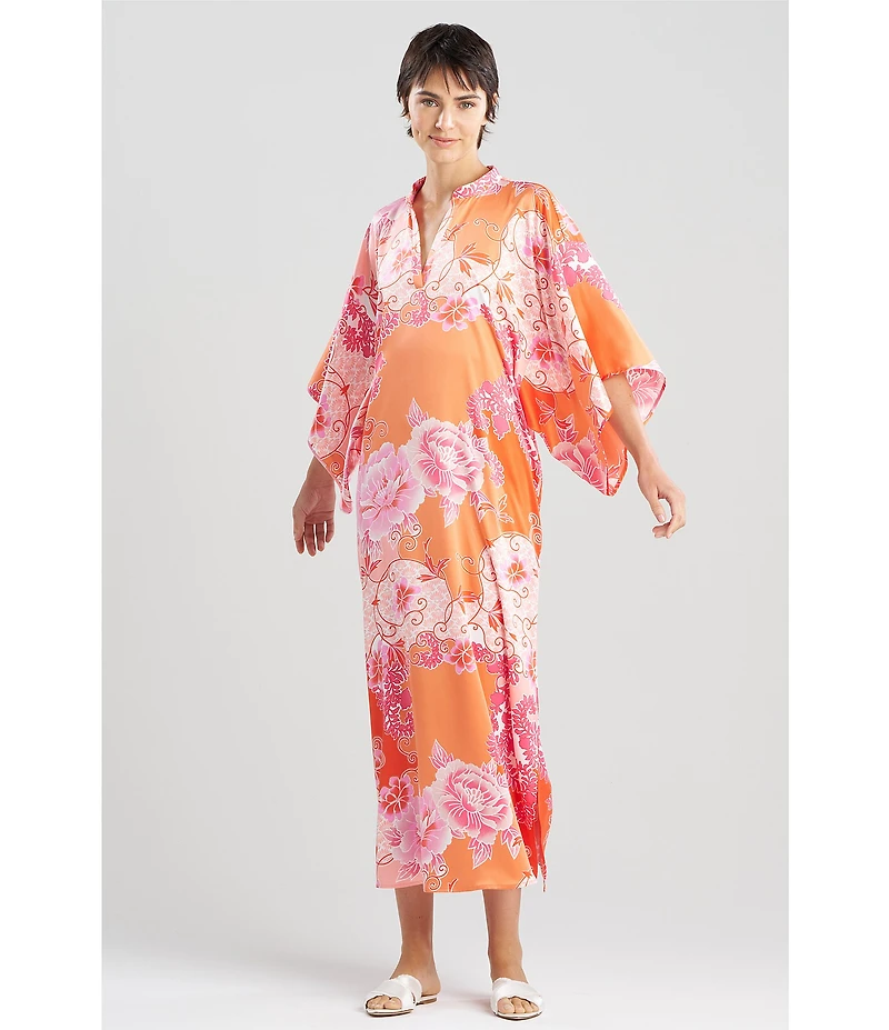 N by Natori Flourish Satin Floral Print 3/4 Sleeve Mandarin Collar Caftan