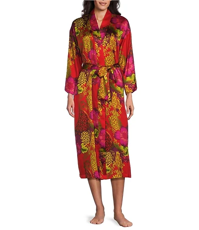 N by Natori Harvest Floral Print Long Sleeve Shawl Collar Satin Coordinating Robe