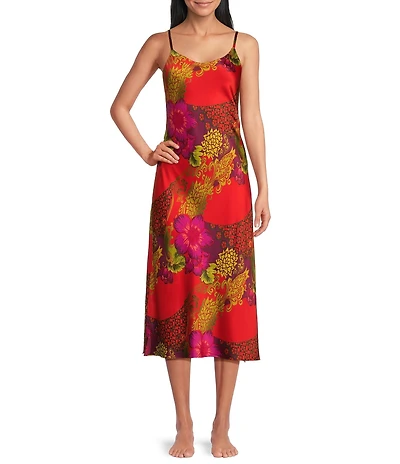 N by Natori Harvest Floral Print Sleeveless Scoop Neck Satin Coordinating Nightgown