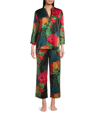 N by Natori Harvest Satin Floral Print Long Sleeve Mandarin Collar Long Pajama Set
