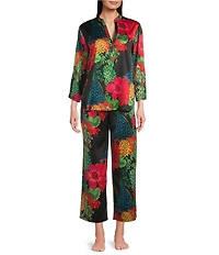 N by Natori Harvest Satin Floral Print Long Sleeve Mandarin Collar Long Pajama Set