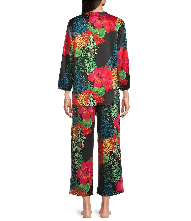 N by Natori Harvest Satin Floral Print Long Sleeve Mandarin Collar Long Pajama Set