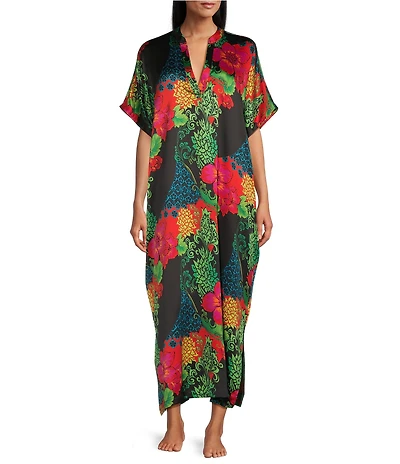 N by Natori Harvest Satin Floral Print Short Sleeve Mandarin Collar Caftan