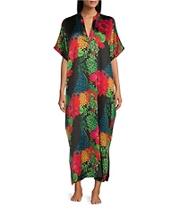 N by Natori Harvest Satin Floral Print Short Sleeve Mandarin Collar Caftan