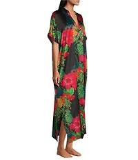 N by Natori Harvest Satin Floral Print Short Sleeve Mandarin Collar Caftan