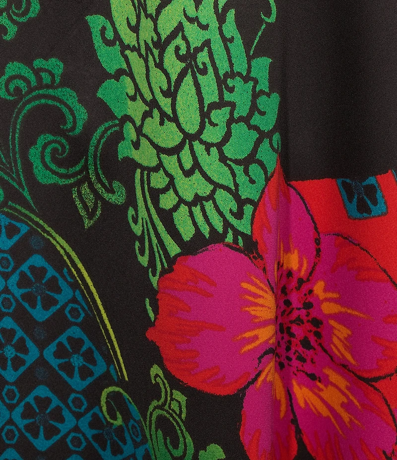 N by Natori Harvest Satin Floral Print Short Sleeve Mandarin Collar Caftan