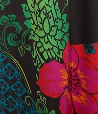 N by Natori Harvest Satin Floral Print Short Sleeve Mandarin Collar Caftan