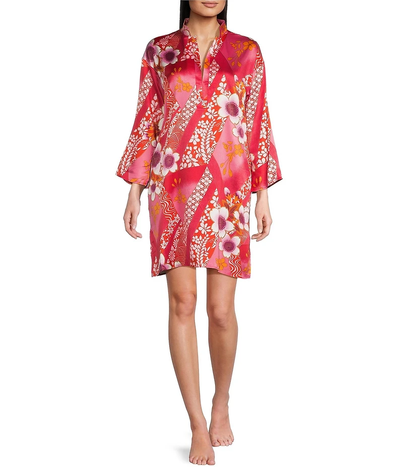 N By Natori Magnolia Satin Floral Long Sleeve Mandarin Collar Sleepshirt