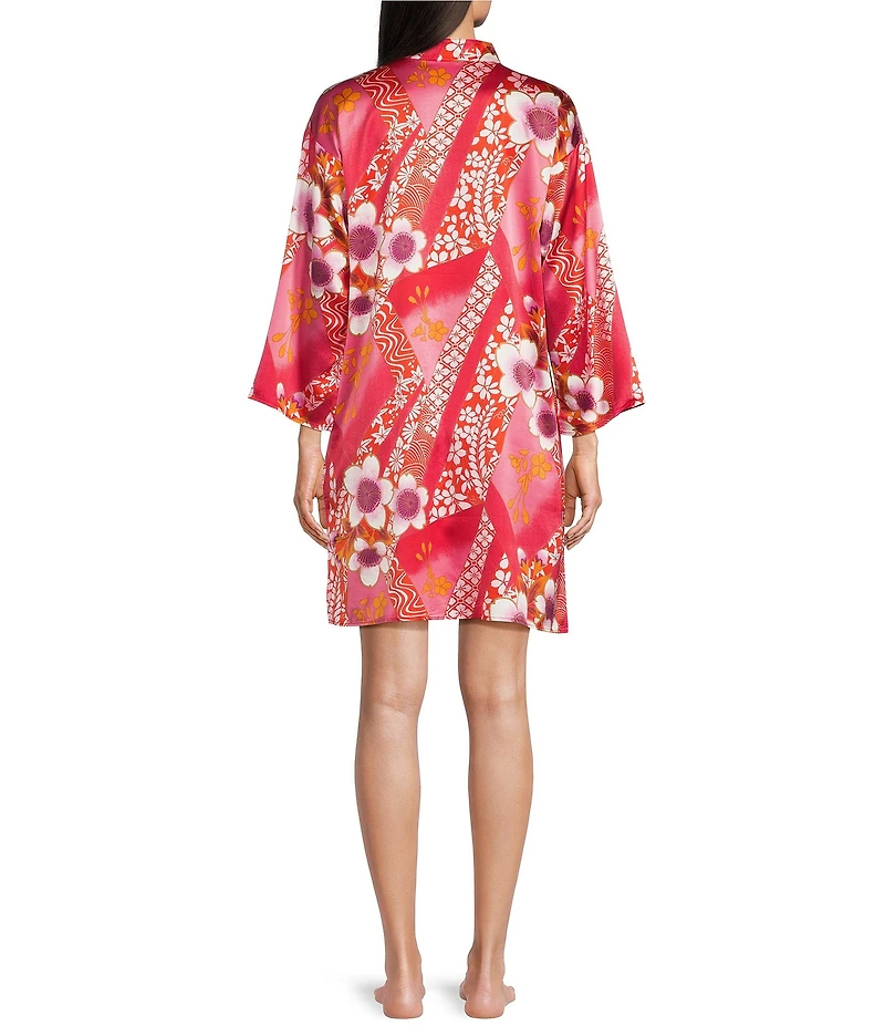 N By Natori Magnolia Satin Floral Long Sleeve Mandarin Collar Sleepshirt