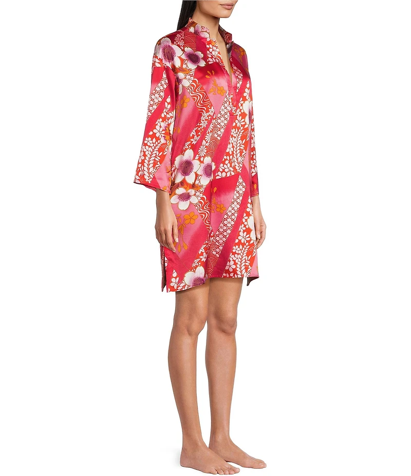 N By Natori Magnolia Satin Floral Long Sleeve Mandarin Collar Sleepshirt