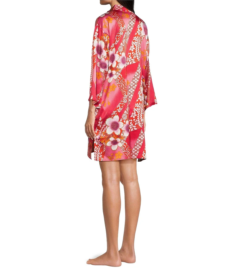 N By Natori Magnolia Satin Floral Long Sleeve Mandarin Collar Sleepshirt