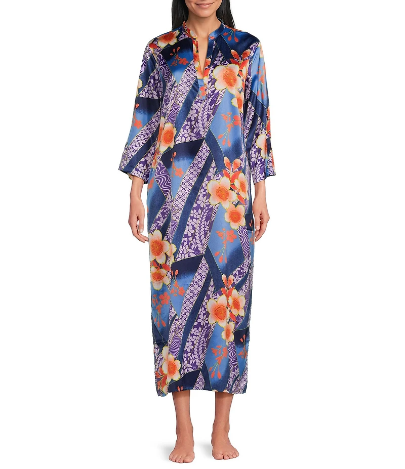 N by Natori Magnolia Satin Floral Print 3/4 Sleeve Mandarin Collar Caftan