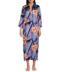 N by Natori Magnolia Satin Floral Print 3/4 Sleeve Mandarin Collar Caftan