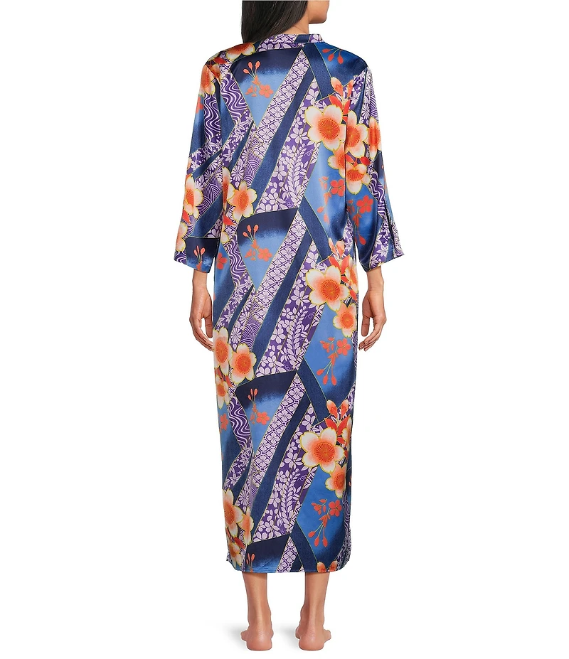N by Natori Magnolia Satin Floral Print 3/4 Sleeve Mandarin Collar Caftan