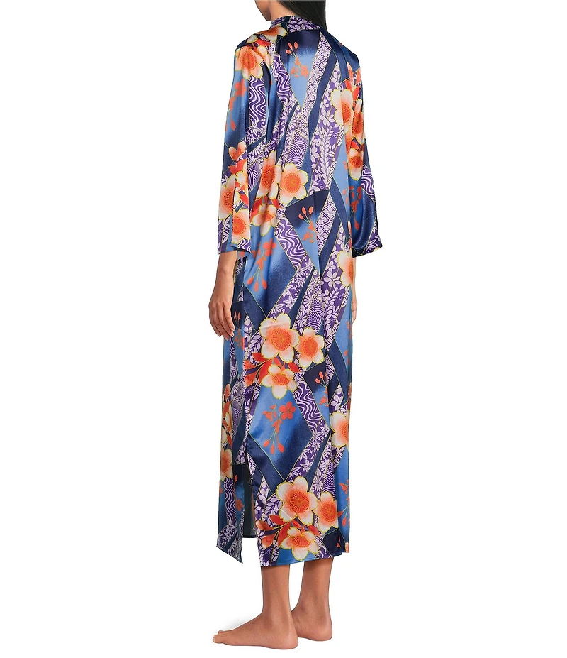 N by Natori Magnolia Satin Floral Print 3/4 Sleeve Mandarin Collar Caftan