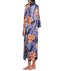 N by Natori Magnolia Satin Floral Print 3/4 Sleeve Mandarin Collar Caftan