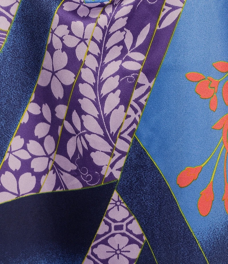 N by Natori Magnolia Satin Floral Print 3/4 Sleeve Mandarin Collar Caftan