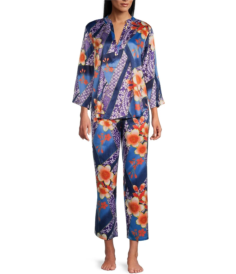 N by Natori Magnolia Satin Floral Print Long Sleeve Mandarin Collar Long Pajama Set
