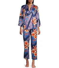 N by Natori Magnolia Satin Floral Print Long Sleeve Mandarin Collar Long Pajama Set