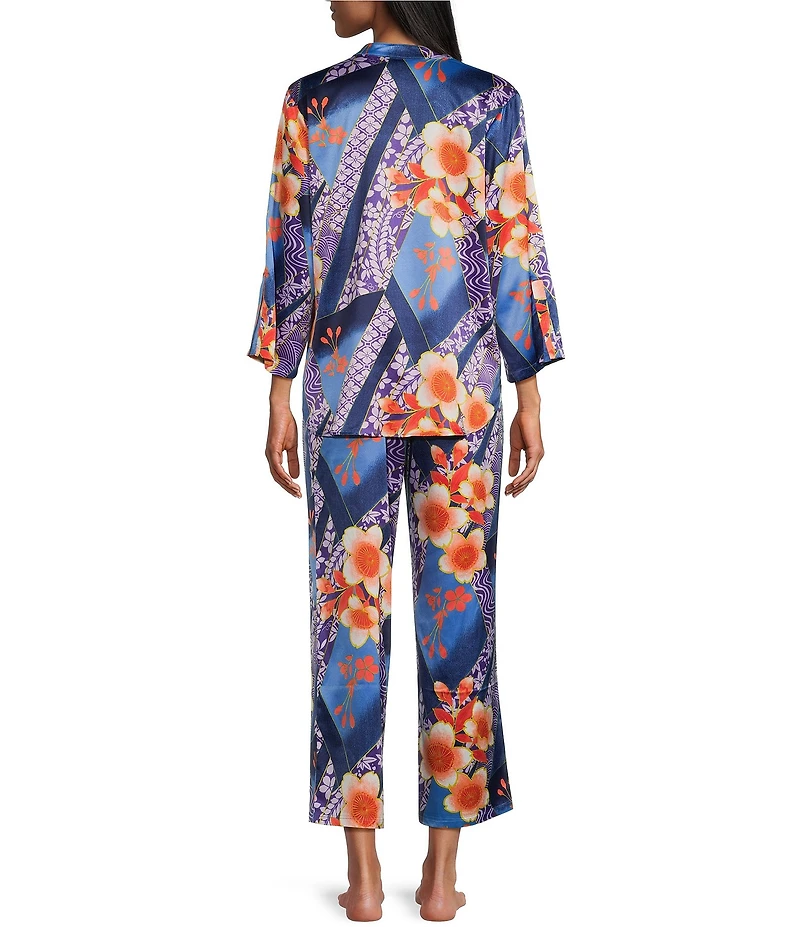 N by Natori Magnolia Satin Floral Print Long Sleeve Mandarin Collar Long Pajama Set
