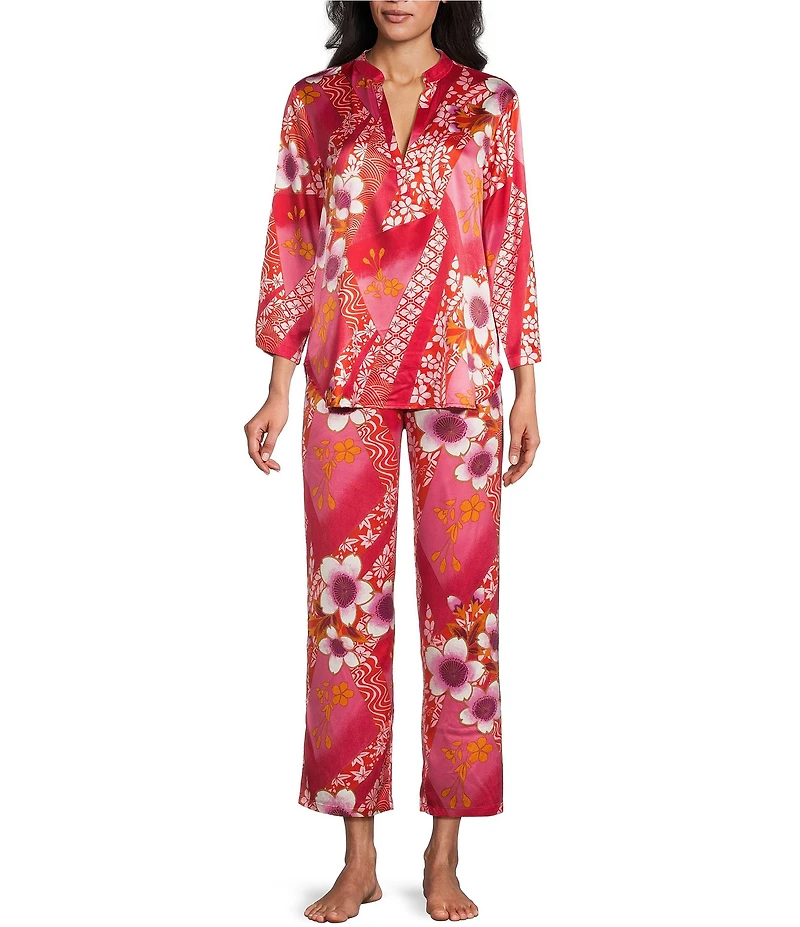 N by Natori Magnolia Satin Floral Print Long Sleeve Mandarin Collar Long Pajama Set