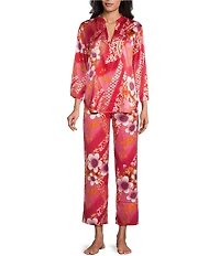 N by Natori Magnolia Satin Floral Print Long Sleeve Mandarin Collar Long Pajama Set