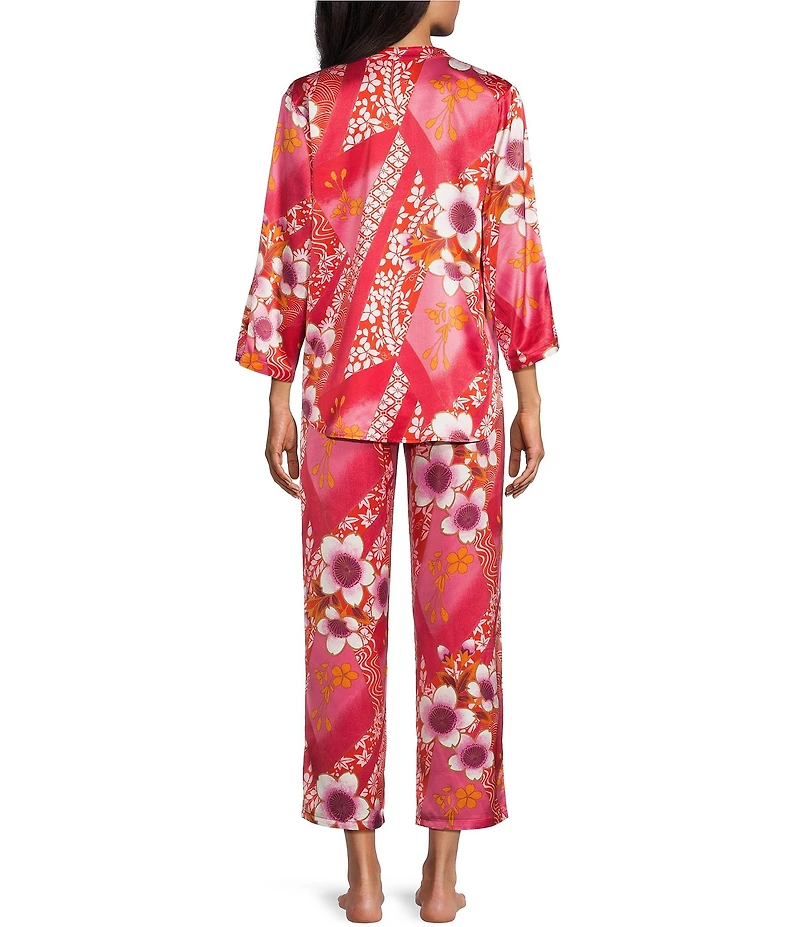 N by Natori Magnolia Satin Floral Print Long Sleeve Mandarin Collar Long Pajama Set