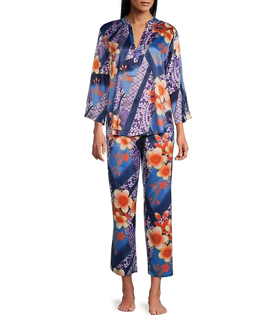 N by Natori Magnolia Satin Floral Print 3/4 Sleeve Mandarin Collar Crop Pajama Set