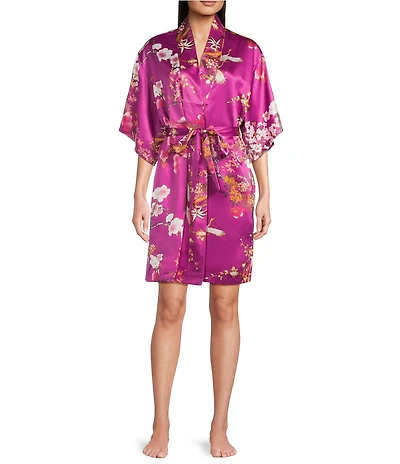 N by Natori Sakura Satin Floral Print 3/4 Sleeve Shawl Collar Coordinating Robe