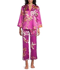 N by Natori Sakura Satin Floral Print Long Sleeve Mandarin Collar Long Pajama Set