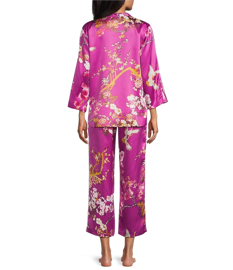 N by Natori Sakura Satin Floral Print Long Sleeve Mandarin Collar Long Pajama Set