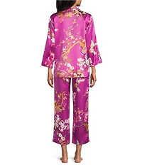 N by Natori Sakura Satin Floral Print Long Sleeve Mandarin Collar Long Pajama Set