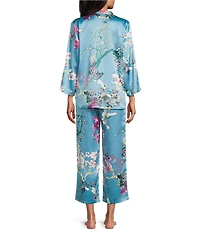 N by Natori Sakura Satin Floral Print Long Sleeve Mandarin Collar Long Pajama Set