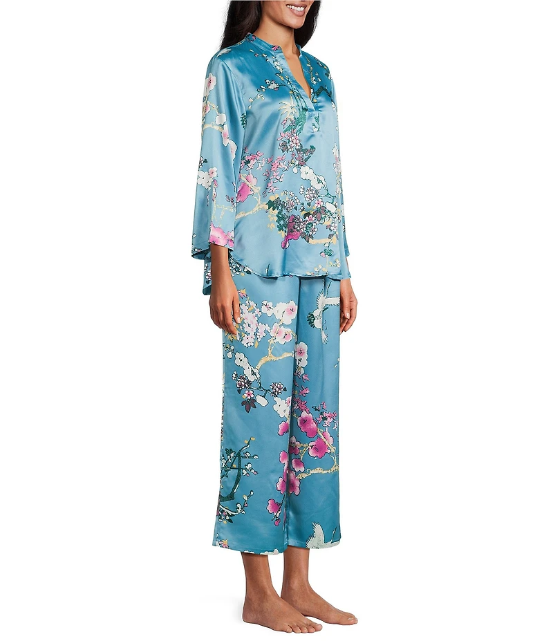 N by Natori Sakura Satin Floral Print Long Sleeve Mandarin Collar Long Pajama Set