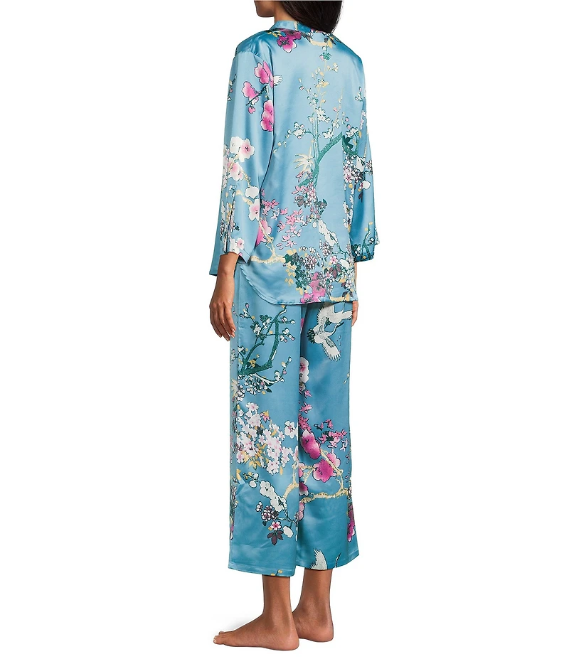 N by Natori Sakura Satin Floral Print Long Sleeve Mandarin Collar Long Pajama Set