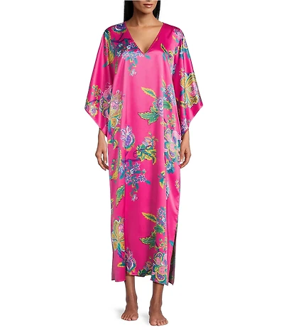 N by Natori Satin Floral Print 3/4 Sleeve V-Neck Butterfly Caftan