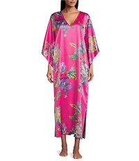 N by Natori Satin Floral Print 3/4 Sleeve V-Neck Butterfly Caftan