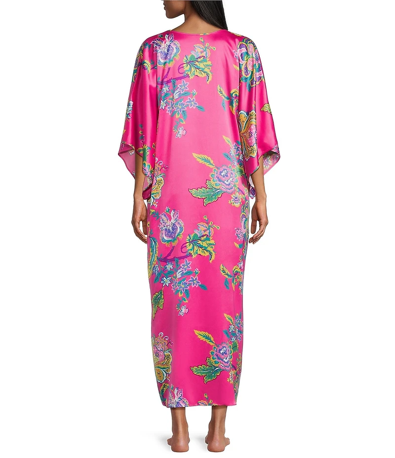 N by Natori Satin Floral Print 3/4 Sleeve V-Neck Butterfly Caftan