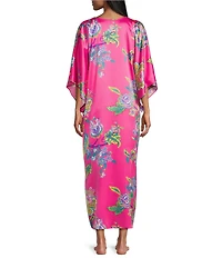 N by Natori Satin Floral Print 3/4 Sleeve V-Neck Butterfly Caftan