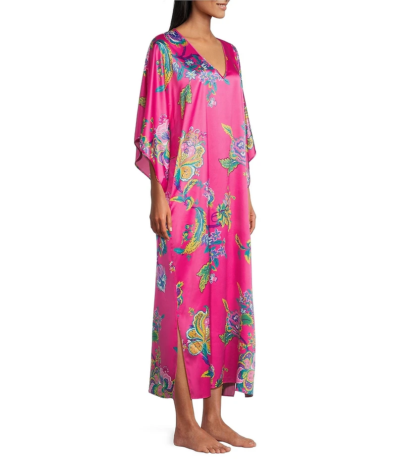 N by Natori Satin Floral Print 3/4 Sleeve V-Neck Butterfly Caftan