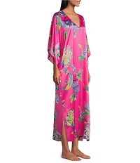 N by Natori Satin Floral Print 3/4 Sleeve V-Neck Butterfly Caftan
