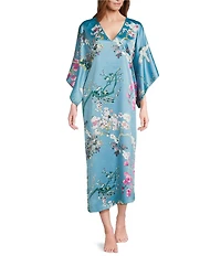 N by Natori Satin Floral Print 3/4 Sleeve V-Neck Caftan
