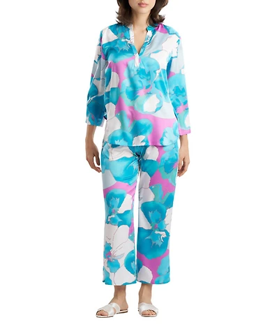 N by Natori Satin Floral Print Long Sleeve Mandarin Collar 3/4 Pajama Set