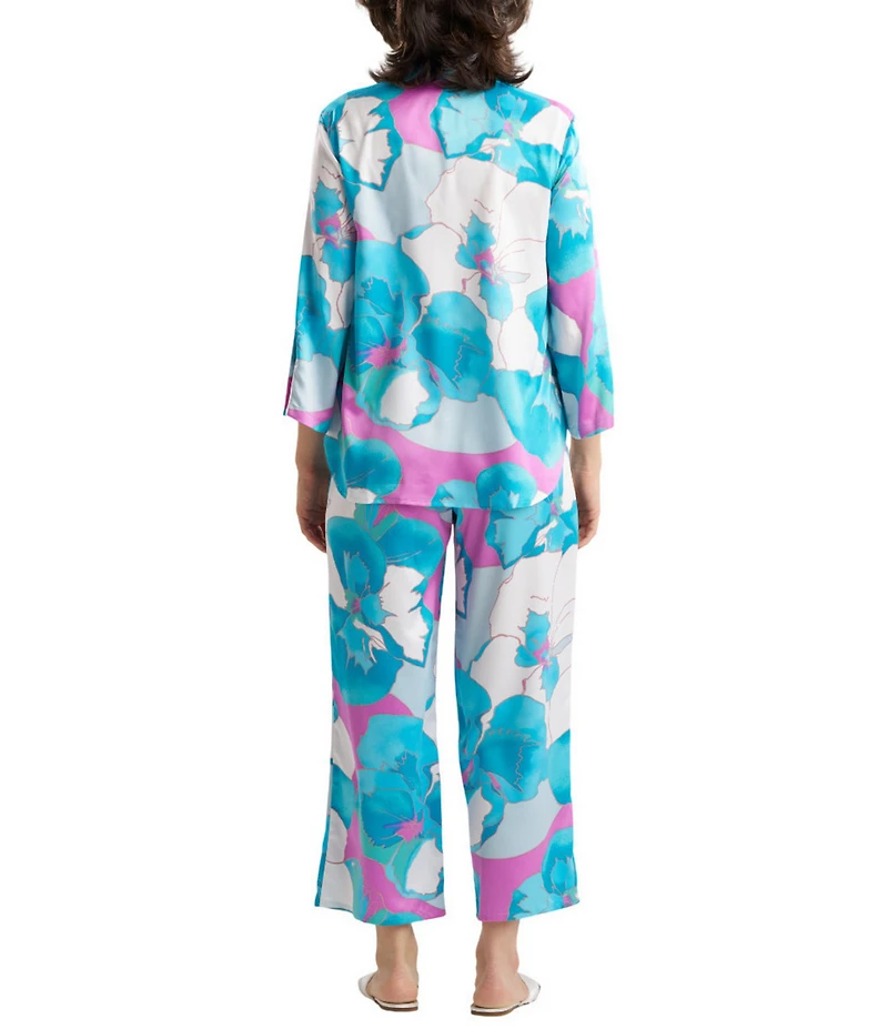 N by Natori Satin Floral Print Long Sleeve Mandarin Collar Long Pajama Set