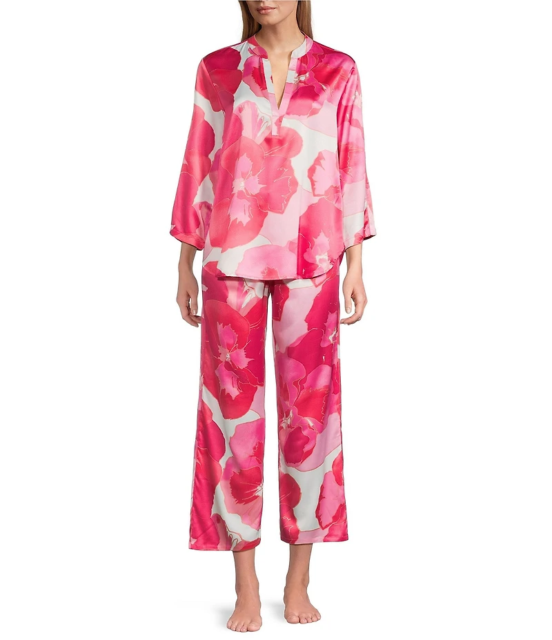 N by Natori Satin Floral Print Long Sleeve Mandarin Collar Long Pajama Set