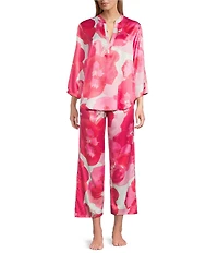 N by Natori Satin Floral Print Long Sleeve Mandarin Collar Long Pajama Set
