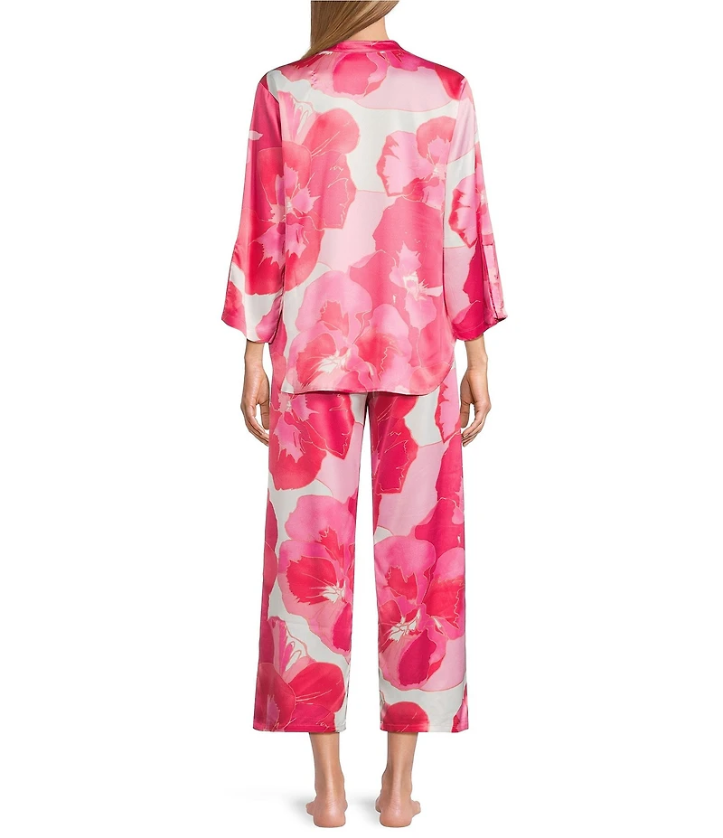 N by Natori Satin Floral Print Long Sleeve Mandarin Collar Long Pajama Set