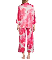 N by Natori Satin Floral Print Long Sleeve Mandarin Collar Long Pajama Set