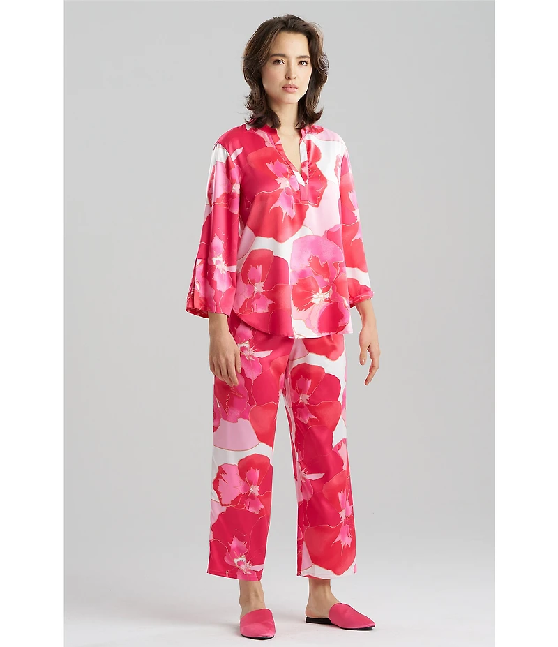 N by Natori Satin Floral Print Long Sleeve Mandarin Collar Long Pajama Set
